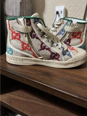 Gucci Kids High-Top GG Embroidered Sneakers in Cream with Multicolor Logos